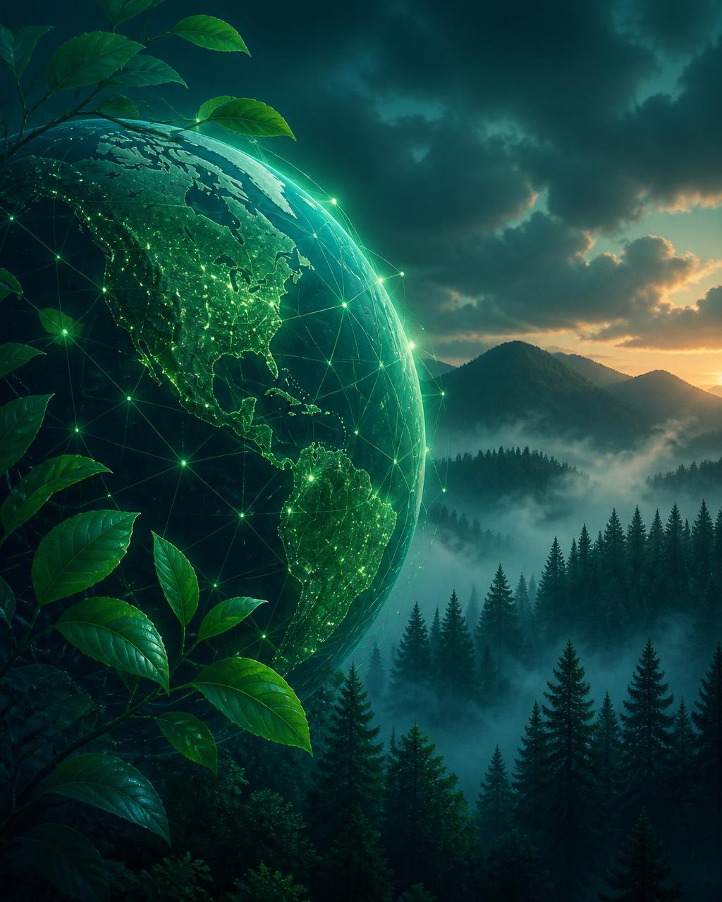 Globo terrestre conectado por redes luminosas sobre floresta de pinheiros — símbolo da conexão entre tecnologia e natureza
